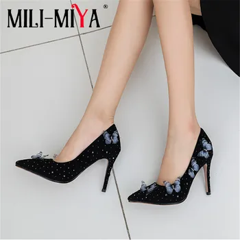 

MILI-MIYA Sexy Super High Thin Heels Women Kid Suede Pumps Butterfly Slip-On Pointed Toe Dress Party Shoes Size 34-40 For Ladies