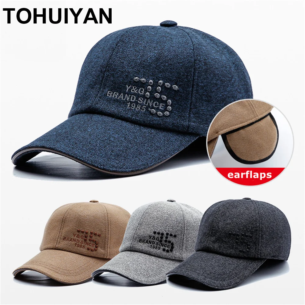 

TOHUIYAN Classical Woolen Baseball Cap Fall Winter Men Hat Cap Casual Adjustable Snapback Hats Windproof Warm Caps With Earflaps