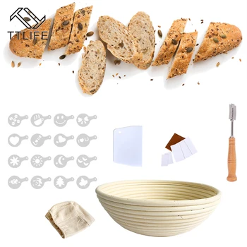 

TTLIFE 7PCS Banneton Fermentation Proofing Rattan Basket Dough Bread with Arc Curved Knife Scraper Brush Danish Whisk Linen Mold