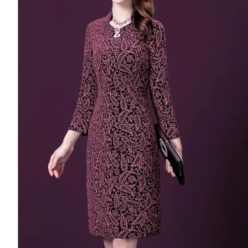 

High Quaitly elegant Loose Midi Dress Spring New Arrival loaded rhinestone long sleeve noble temperament A-Line dress