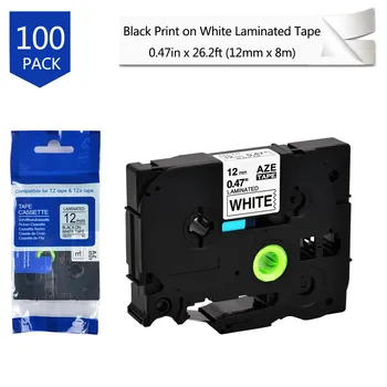 

100PCS Laminated Black Print on White 0.47" Label Tape 12mm x 8m Compatible for Brother GL-100 PT200 1/2" TZe-231 TZe231 Tz