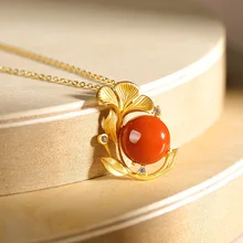 LATS Natural Red Agate Vintage Pendant Necklace 925 Sterling Silver Gold-plated Ginkgo Leaf Necklace for Women 2020 Fine Jewelry