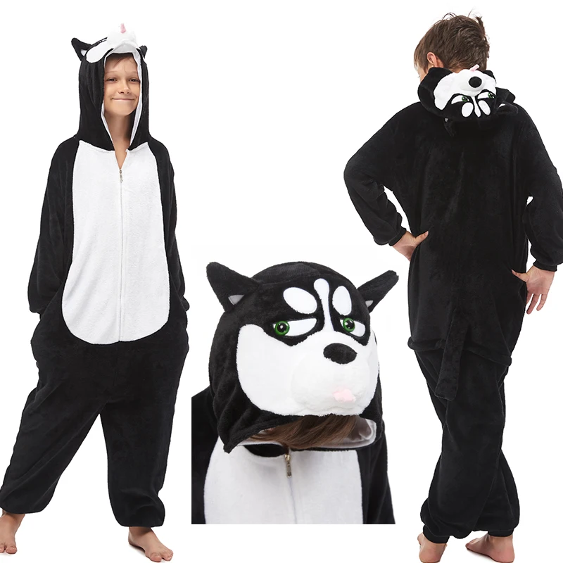 Новые детские пижамы кигуруми с изображением животных волка для мальчиков и девочек; одежда для сна с единорогом; Зимние флисовые комбинезоны с воротником; детские пижамы - Цвет: black dog