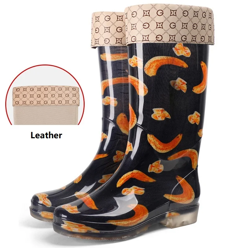 Banana and leather Новинка; непромокаемые сапоги в тропическом стиле; высокие резиновые сапоги; износостойкие высокие непромокаемые сапоги; нескользящие резиновые сапоги - Цвет: Banana and leather
