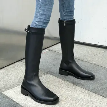 

Brand Genuine Leather Knight Boots Woman Black Knee High Boots Fashion Square Toe Low-heels Motorcycle Moots Ladies Boots 2020