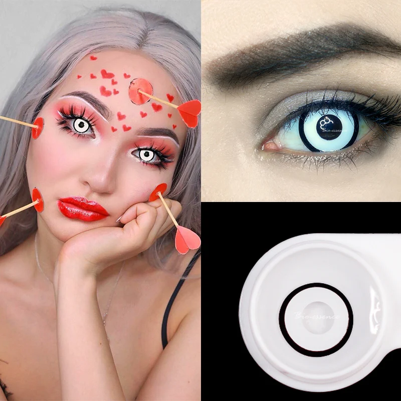 Lentes de contacto de uso anual, 2 uds./1 par, maquillaje para Cosplay, belleza, Pixie, rojo, negro, blanco, Crazy, bio-esencias para ojos