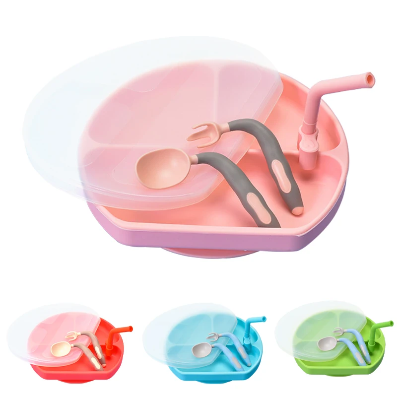 

Baby Tableware Safety Silicone Kids Feeding Plates+Spoon+Fork+Straw Suction Cup Non-Slip Children Food Bowl Anti-hot Dishes