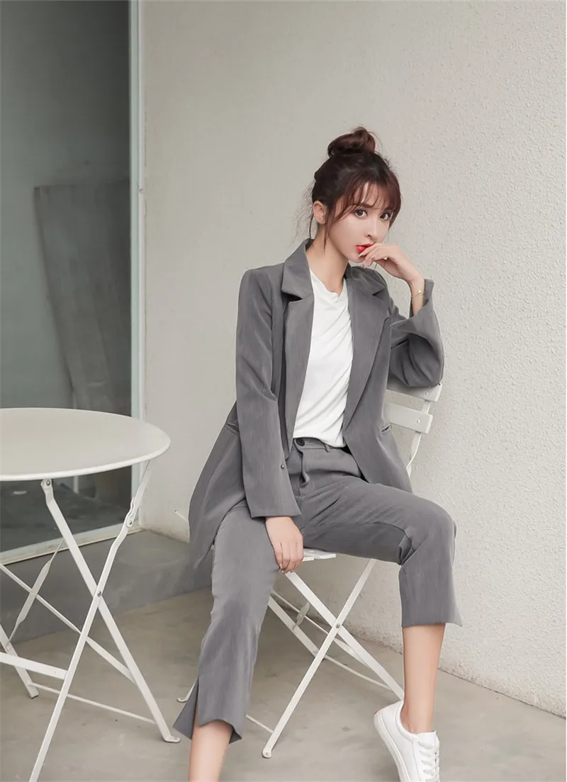 pearls fashion office set women 2 piece set long sleeve blazer autumn suit coat jackets ankle length pants suit