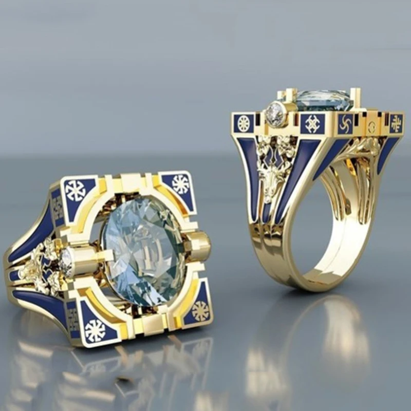 

NEW Fashion Geometric Square Shaped Gold Finger Rings Men Buddhism Chakra Henna Filled Round Zircon Stone Ring Indian Jewelry
