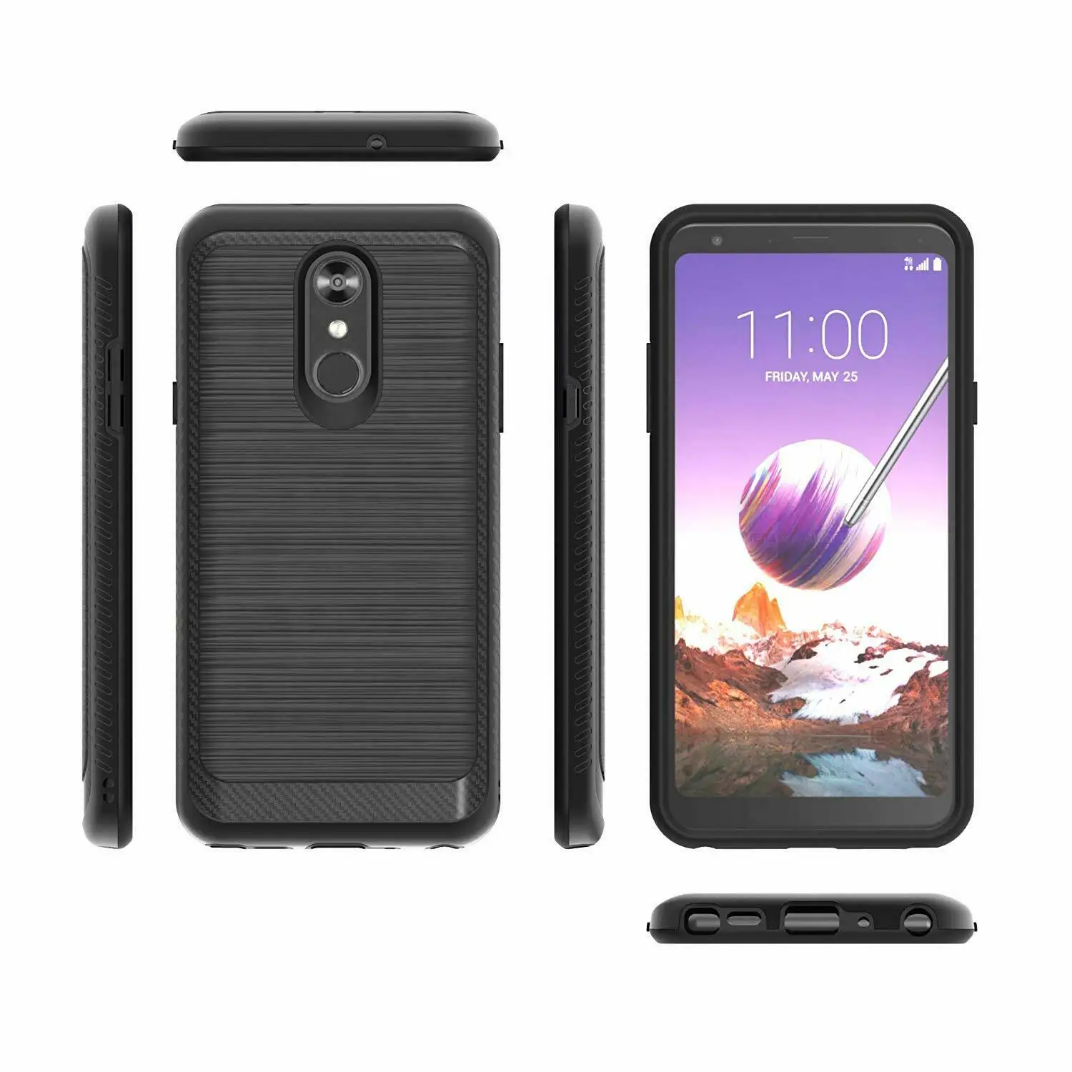 

For LG Stylo 4 / Stylo 4 Plus / Q Stylus Brushed Armor Rubber Hard Case with Black Full Coverage Tempered Glass