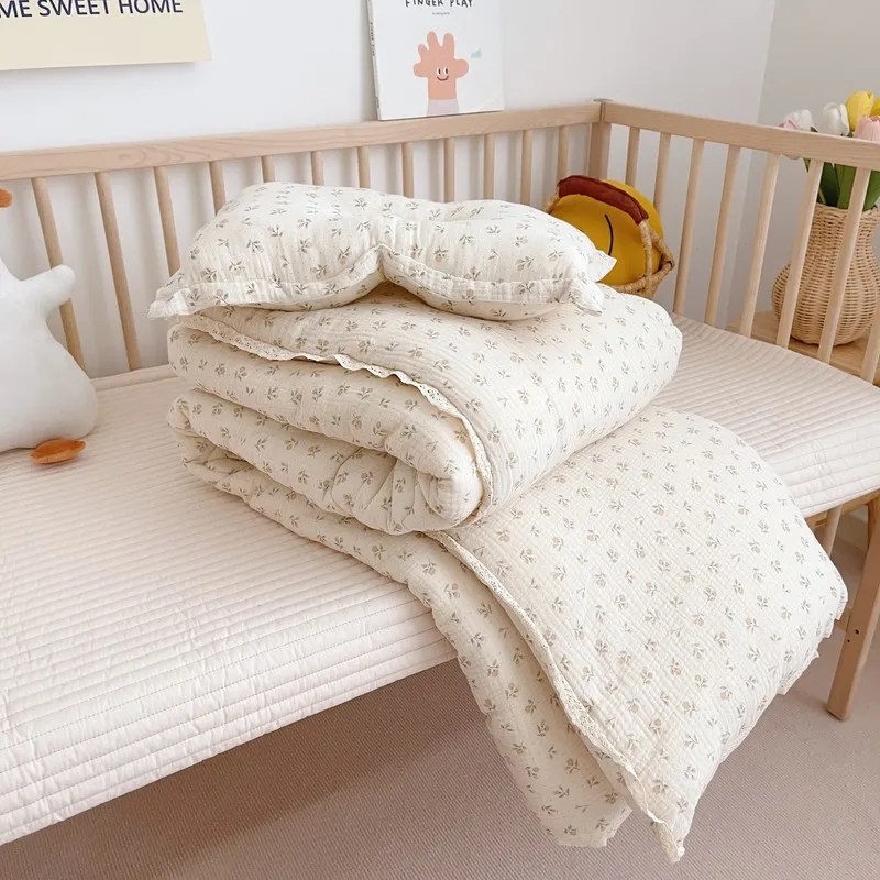 Korean Flower Cotton Baby Crib Quilt Muslin Kids Children Infant Baby Comforters Thicken Winter Cot Quilts for Bed Plaid