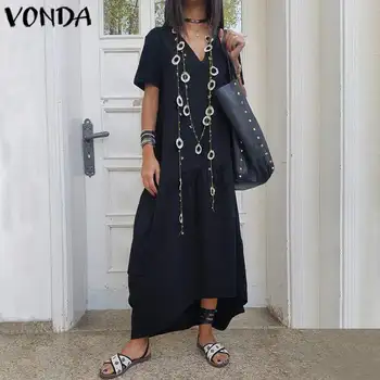 

Women Dresses VONDA Vintage Short Sleeve Swing Party Maxi Long Dress Casual Loose Vestidos 2020 Summer Sundress Plus Size