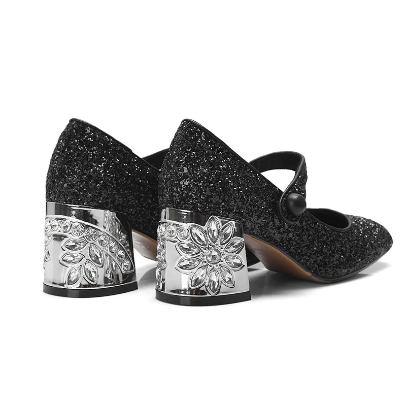 Phoentin crystal silver high heels flower black Mary jane pumps bling Sequin cloth shoes woman square toe elegant FT772