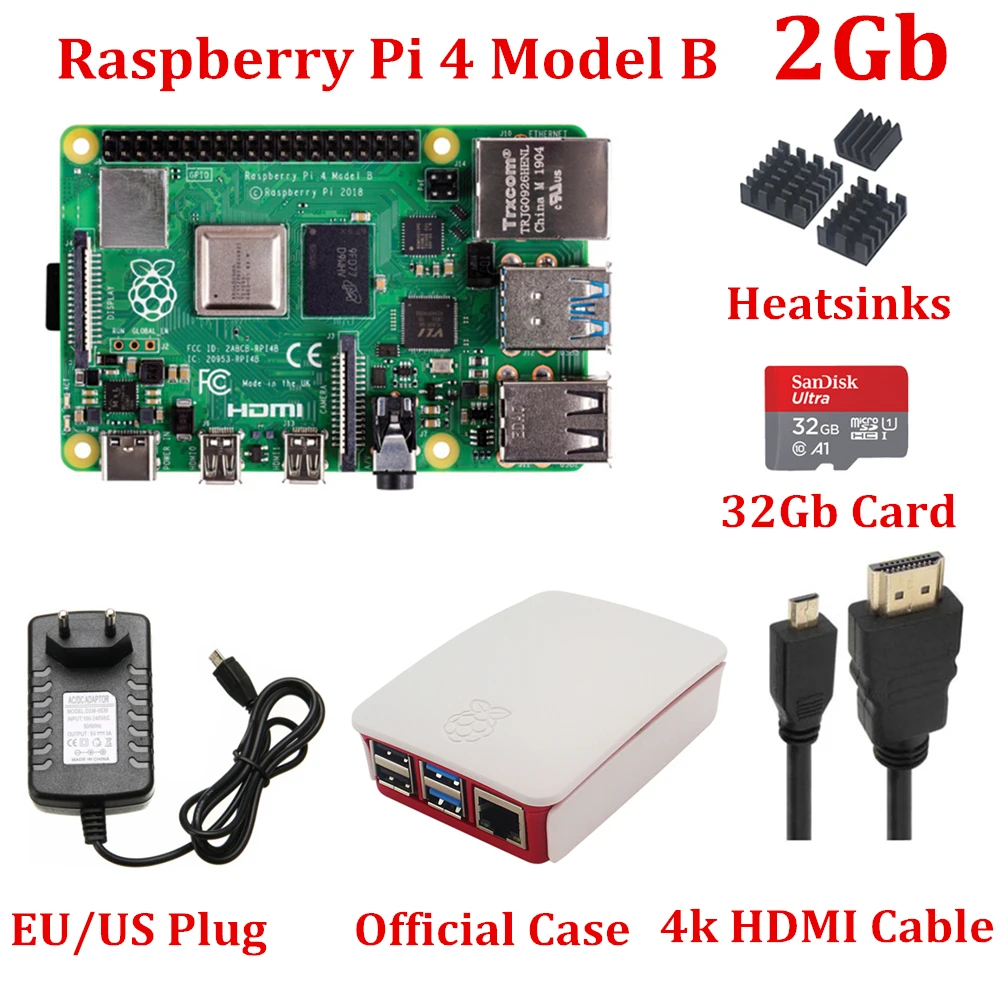  New Raspberry Pi 4 Model B 4GB RAM with Official Raspberry Pi case 32Gb Card Heatsinks 4K HDMI Cabl