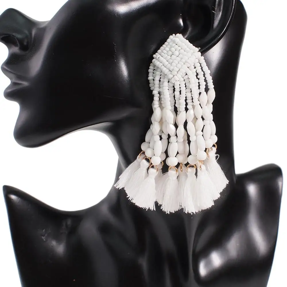 White Earrings MANILAI богемные серьги с кисточками и бусинами для женщин, длинные висячие серьги ручной работы с бахромой из бисера, этнические ювелирные изделия - Окраска металла: White Earrings