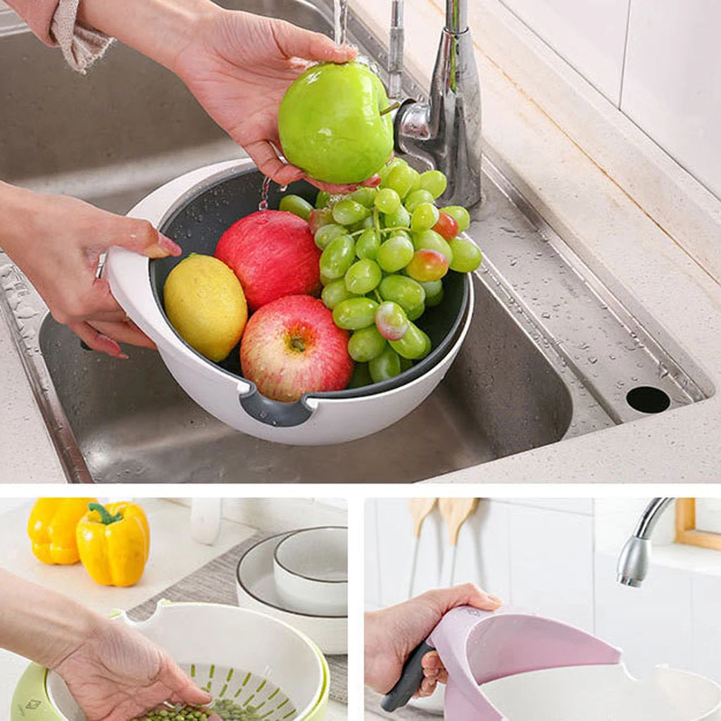 Double Drain Storage Basket Bowl Kitchen Washing Fruit Vegetable Strainer Basket