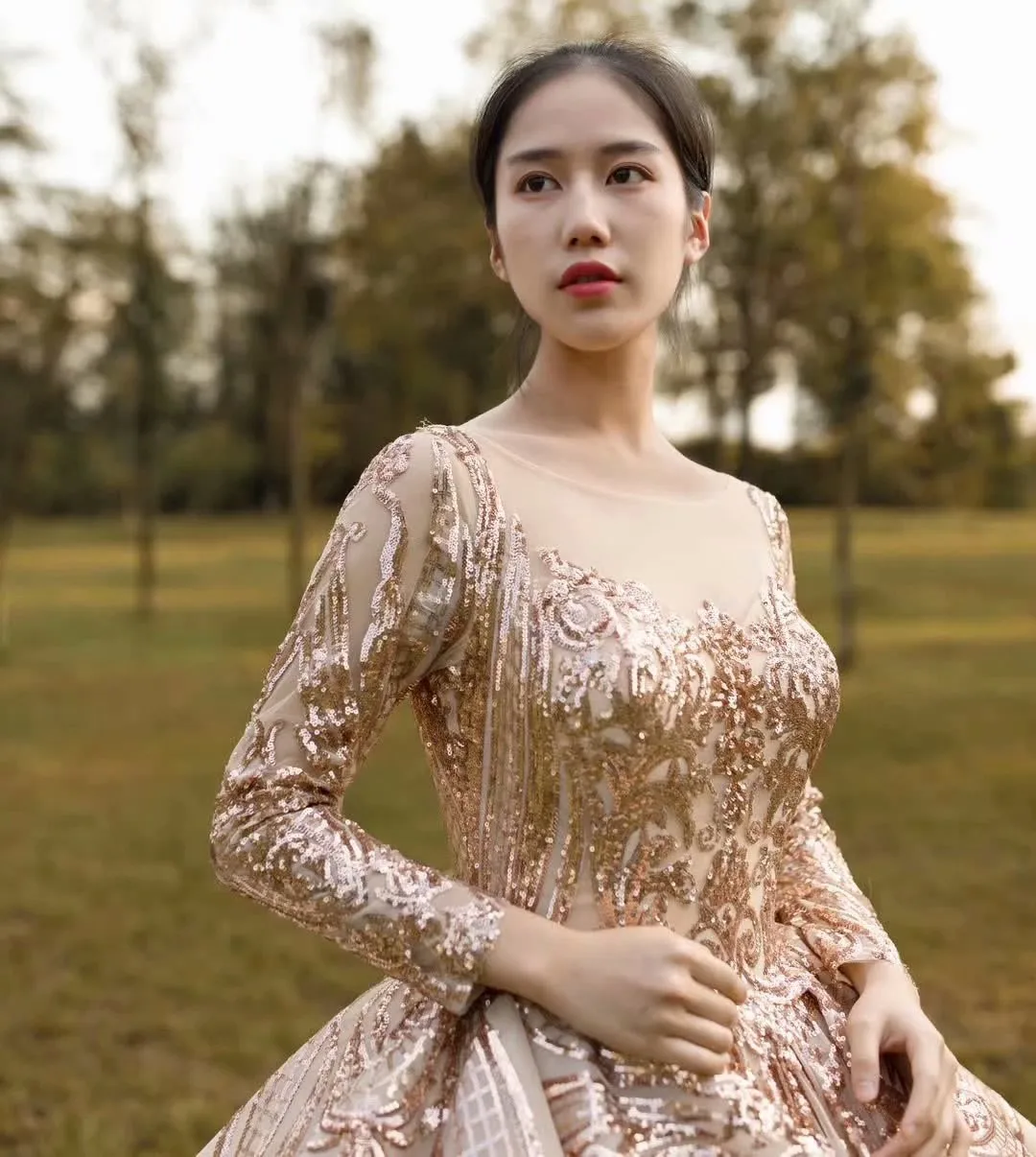 Erosebridal Lxuury Золотое бальное платье с блестками вечернее платье с длинным шлейфом с длинным рукавом вечерние женские платья на шнуровке сзади