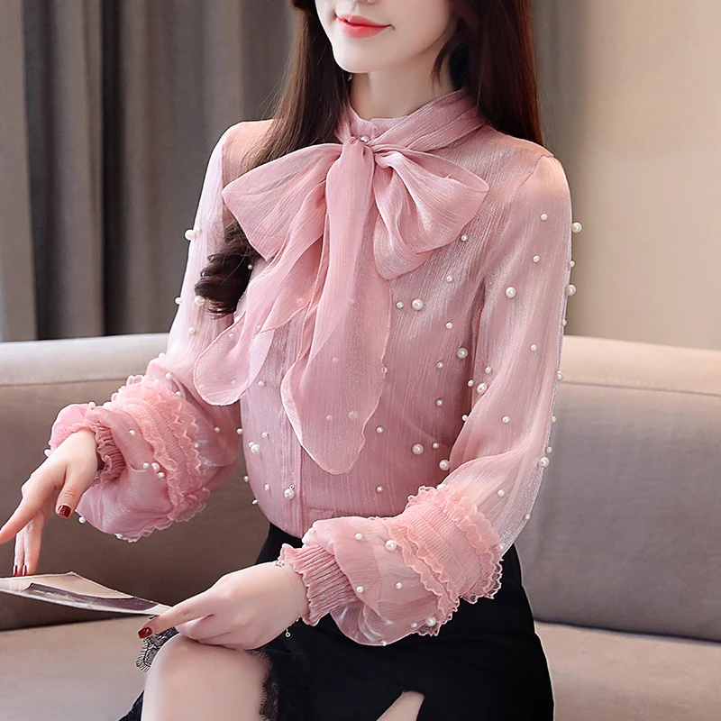 

2019 Autumn New Arrival High Quality Elegant Stand Collar Bownot Beads Decorated Lantern Sleeve Woman Chiffon Blouse With Vest