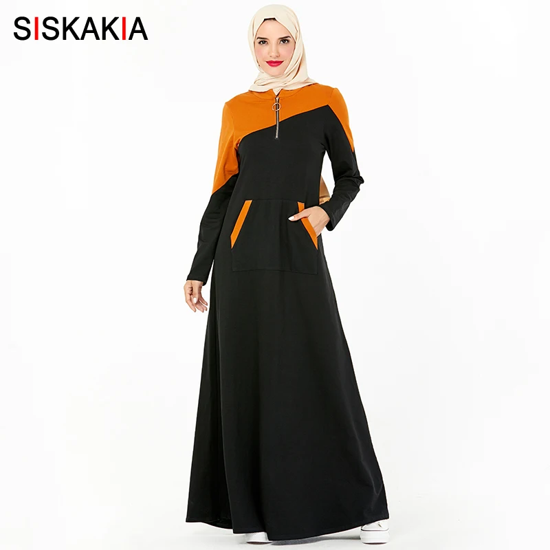Siskakia SweatDress Autumn 2019 Fashion Hit Color Patchwork Casual Front Pocket Maxi Dresses Plus S