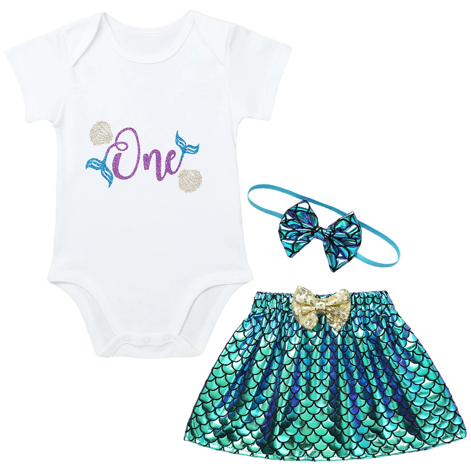 baby dress and set Baby Girl Princess Clothes Set Mermaid 1st Birthday Party Outfit Shell Romper Sequins Fish Scales Dress Bowknot Headband Costume baby's complete set of clothing Baby Clothing Set