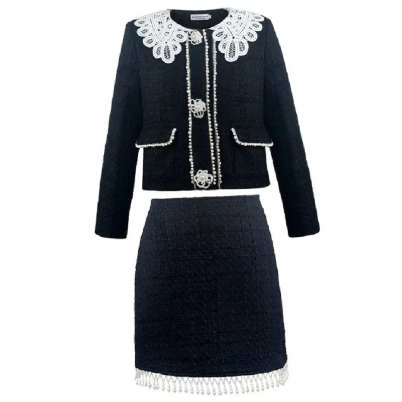

CHIC Winter Designer New Cutout Lace Collar Women Beading Tweed Jackets Tops and tassels pearls mini Skirts Woman's 2 pieces Set