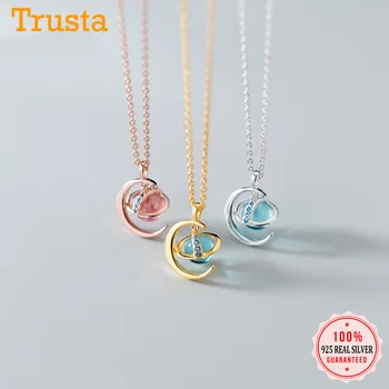 

Trusta Genuine 925 Sterling Silver Minimalist Sweet Moon Planet CZ Short Necklace For Women Girl Wedding Jewelry Gift DS2191