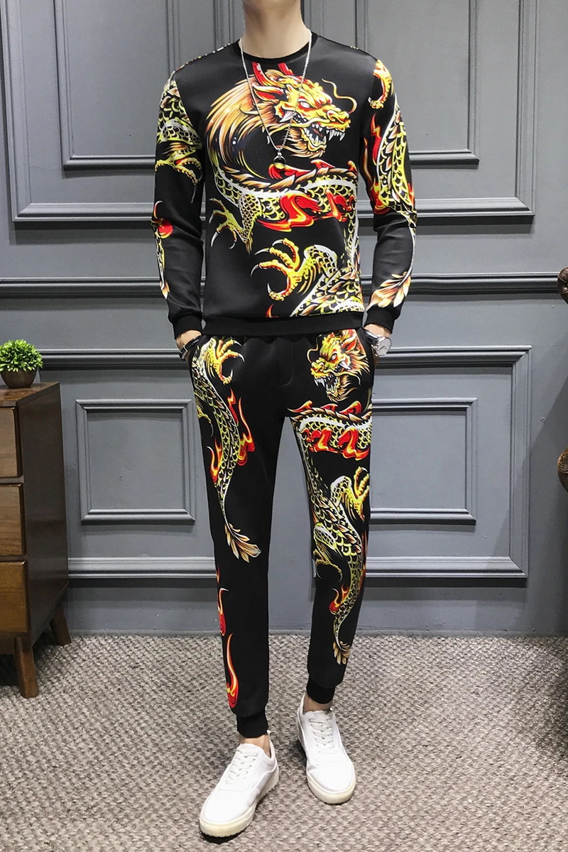 Роскошные мужские комплекты с принтом дракона, уличный хип-хоп пуловер, спортивный костюм+ штаны для бега, повседневные толстовки+ спортивные штаны, комплекты из 2 предметов