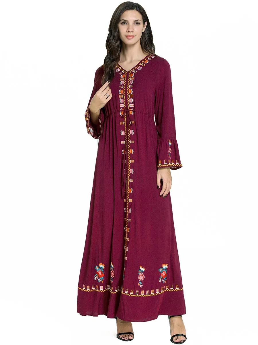 Siskakia, этническое длинное платье с вышивкой, элегантное платье с v-образным вырезом, Платья-макси с длинным рукавом, регулируемая шнуровка на талии, Повседневная Арабская одежда
