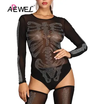 

ADEWEL Sexy Mesh Party Club Women Bodysuit With Knee Socks Diamond Printing See Through Long Sleeve Bodysuits 2pcs Set Clothing