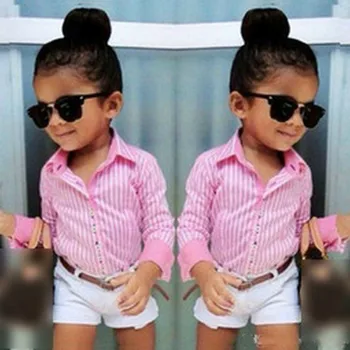 

Girls Striped Long Sleeved Shirt White shorts Waist 3 childrens Suit Pink Stripe Fan 3 Set kid301