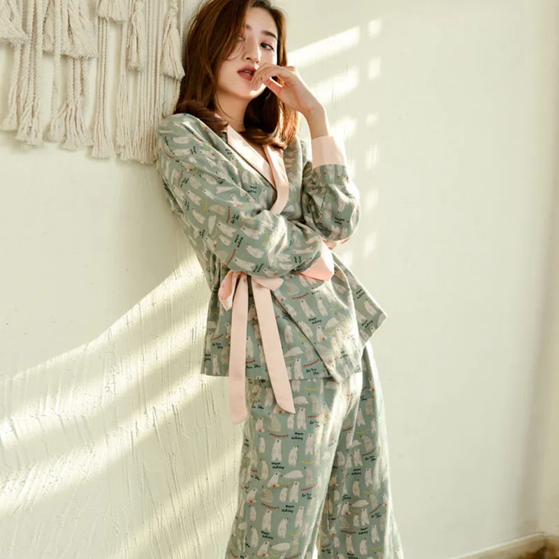 2 pieces pajamas set Комплект пижам из 2 предметов, кимоно, одежда для сна, кардиган, Хлопковая пижама для женщин, блуза с длинным рукавом и шнуровкой и штаны, домашний осенний костюм - Цвет: 2 pieces pajamas set