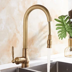 Brass Kitchen Can Pull Out Cold Hot Double Charged With Bronze Faucet Scalable Rotating To Prevent Water Splashing