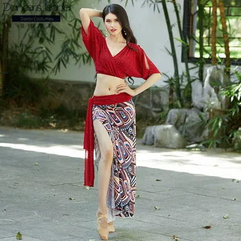 

2020 new belly dance practice clothes ice silk ethnic print sexy long skirt beginner suit