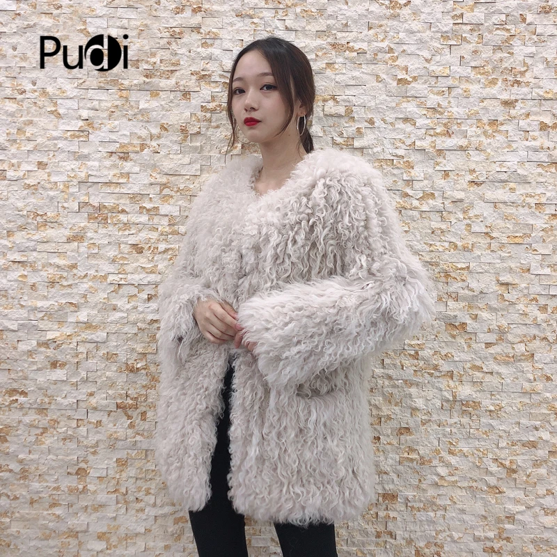 Pudi TX206603 женские зимние теплые трикотажные натуральном овечьем меху куртка, пальто с треугольным вырезом модная женская обувь из натурального меха, свободная куртка Верхняя одежда для детей