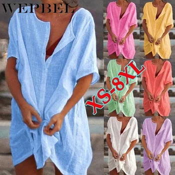 

WEPBEL Women's Blouse Beach Cover Ups Woman Short Sleeve Long Blouses Casual Loose Solid Color Plus Size Beach Cover-up Blouse