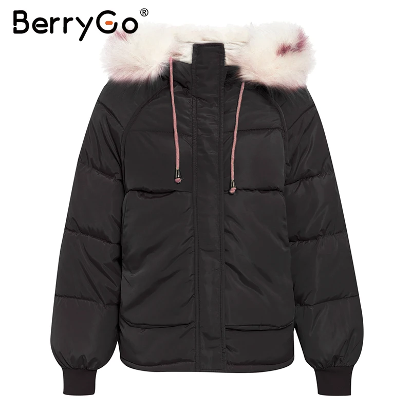 BerryGo, Повседневная Женская парка с меховым воротником и капюшоном, Осень-зима, Толстая Женская Теплая стеганая куртка, модная женская куртка на молнии, большие размеры - Цвет: Черный