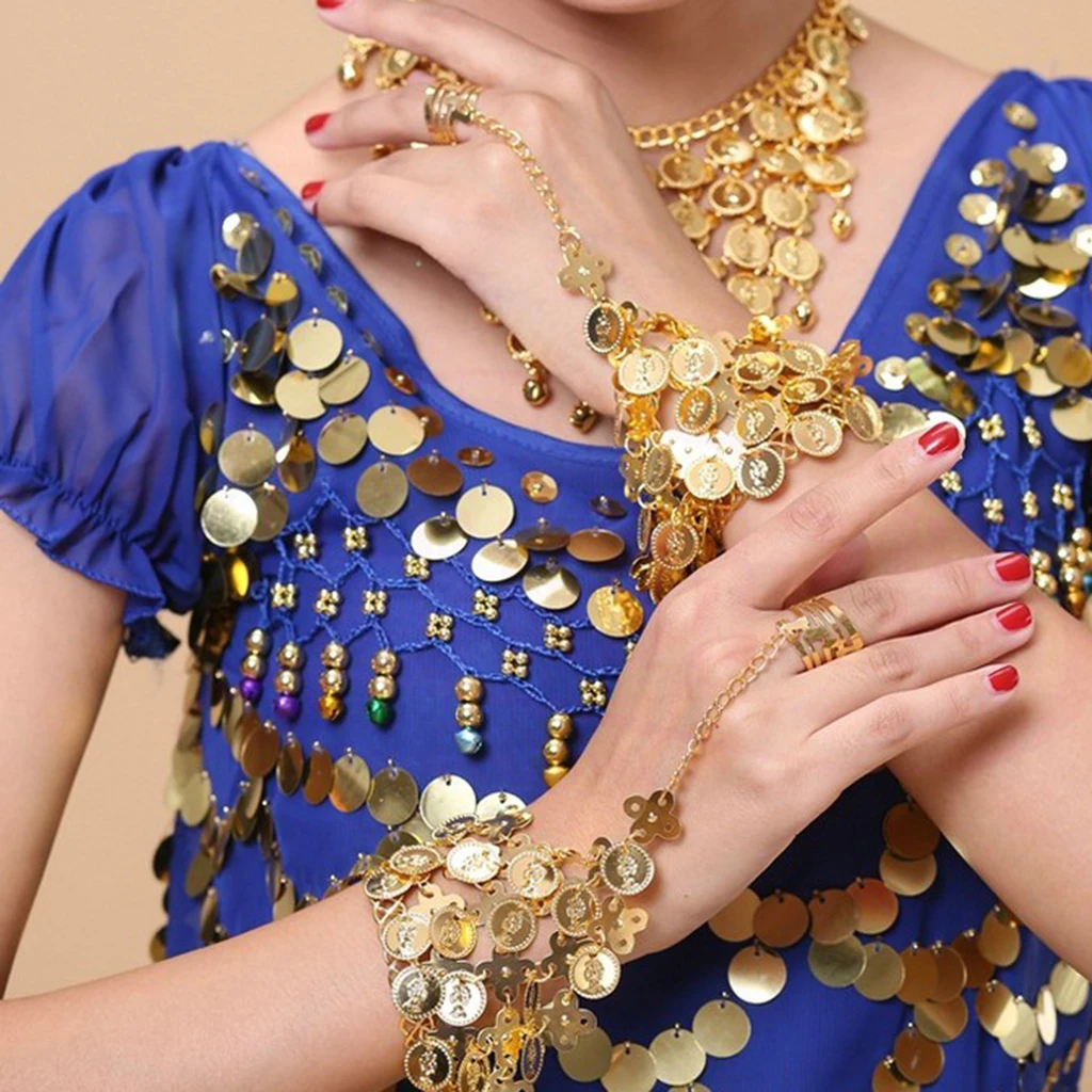 4 Pcs Gold Gypsy Belly Dance Jewelry Set Necklace Earrings Bracelet Headband and Hoop/clip-on Earrings Set