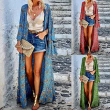 2021 Bikini ups Cardigan mujeres bohemio Floral Printed Retro de manga larga a rayas ropa de playa traje de baño cubierta de la blusa