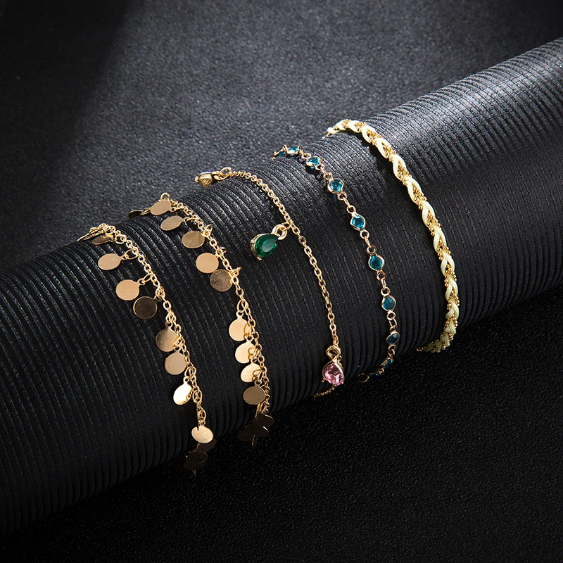 Tocona Boho 5pcs/sets Colorful Crystal Stone Anklets for Women Gold Wafer Tassel Rope Feet Bracelets Summer Jewelry 8407 - Image 4
