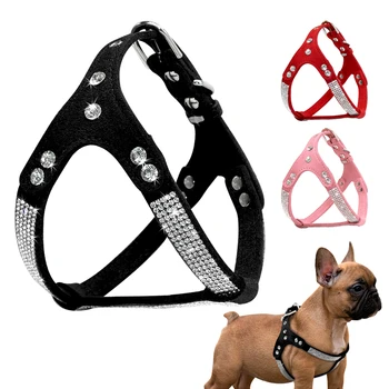 

Rhinestone Puppy Harness Suede Leather Small Dogs Harness Bling Crystal Cat Dog Vest Adjustable For Chuihuahua French Bulldog