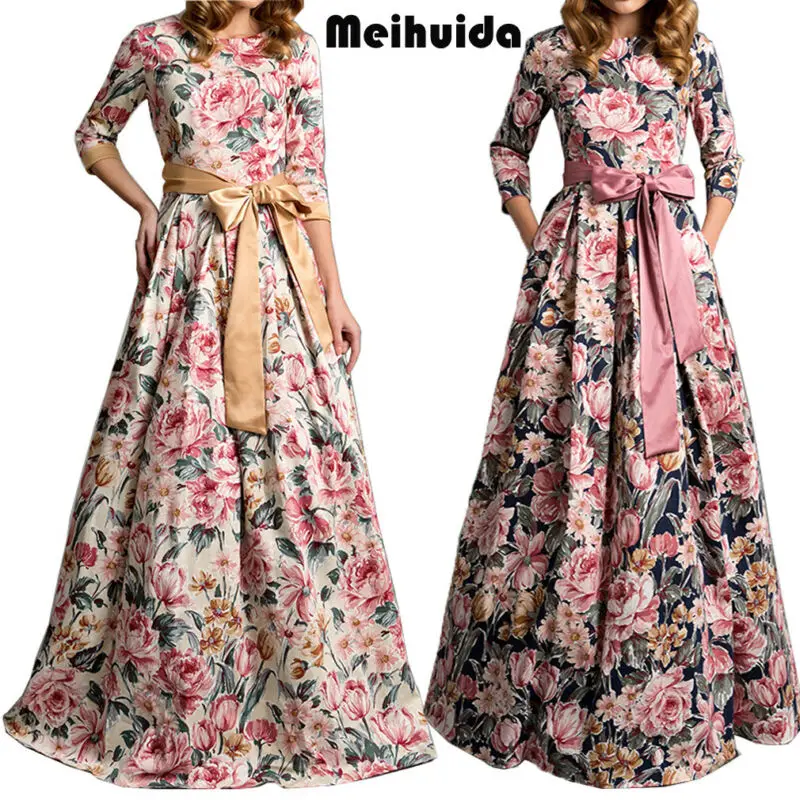 

2019 New Autumn Chic Women Maxi Dress 3/4 Sleeve Bandage Bow Bohemian Floral Retro Hippie Printing Long Dress