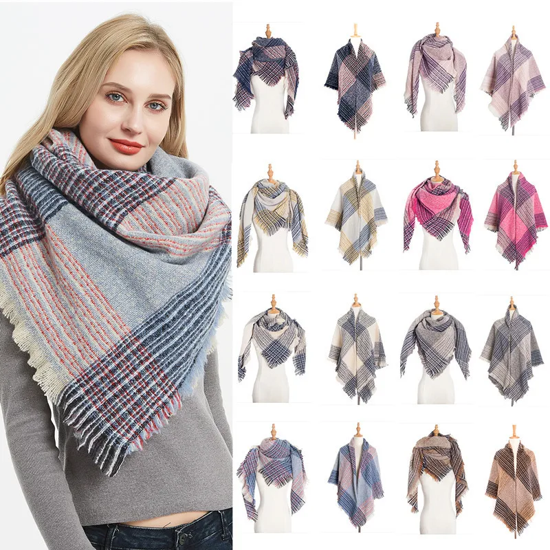 

2020 Women Big Size Scarf Plaid Cashmere Scarves Lady Winter Shawls And Wraps Bandana Female Knitted Foulard Square Neck Scarfs