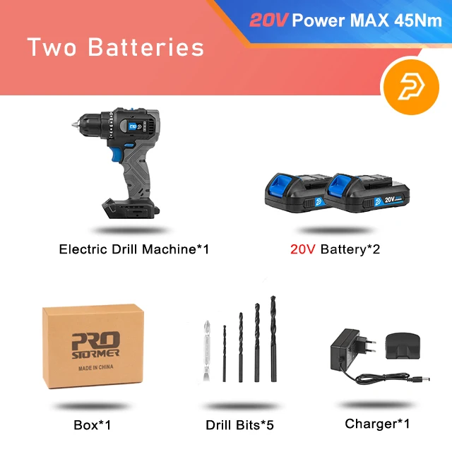 20V/21V Brushless Electric Drill 40NM/45NM Cordless Screwdriver Li-ion Battery Mini Electric Power Drill 5pcs Bit By PROSTORMER PTET104102E