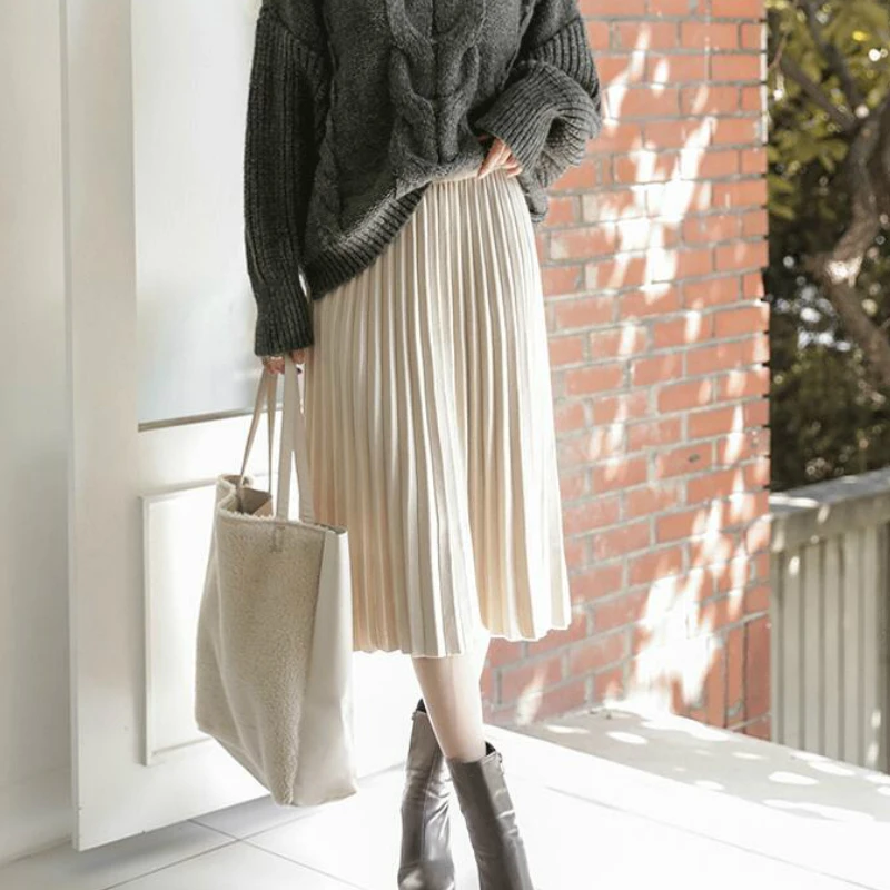 

Autumn Winter Wool Blend Knitted Pleated Mid Calf Long Skirts Elastic Waist Cashmere Thick Brief A-line Knit Long Skirts