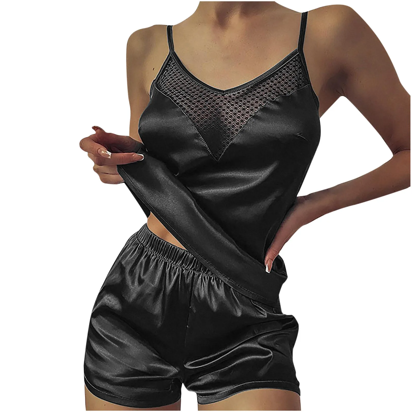 Spaghetti Strap Lace Pajama Set Sleeveless Pyjamas Sleep Short Set Lace Pijama Suit Sleepwear Women Sexy Nighties ensembles 2
