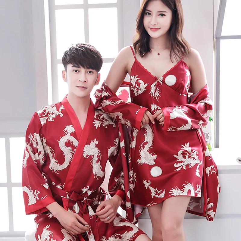 Extra Large Black Lovers Robe Suit Sleepwear Male Silk Dragon Dressing Gown Robe With Dragons Mens Satin Bathrobe Silk Kimono