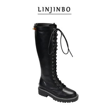 

2020 Winter Plush Long Boots Women Lace-up Knee High Boots Women Chic Double Sewing Design Knight Boots Zapatos Mujer