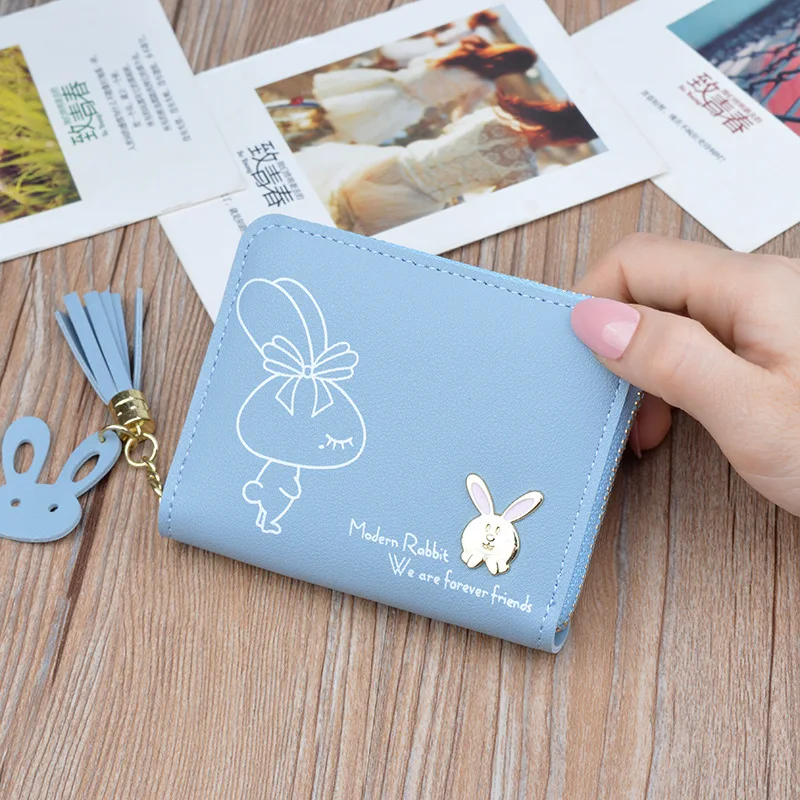 Модный женский кошелек Magic Fish, маленькие кошельки на молнии с кисточками и милым Кроликом, кошелек из искусственной кожи, корейский кошелек для монет и карт Carteira - Цвет: blue