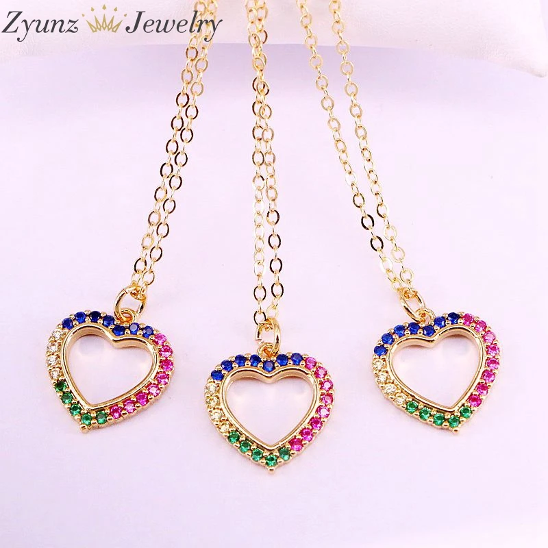 

10PCS, Rainbow Colorful CZ Micro pave necklace Gold Color Charm Cubic Zirconia Heart Pendant Statement Necklace