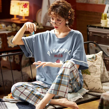 

Spring Crew Neck Plus Size Woman Clothes Pajamas for Women Pjs Women Sleepwear Short Sleeve Plaid Pants Homesuit Homeclothes